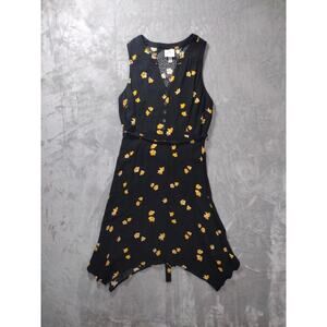 Knox Rose Dress Womens L Asymmetrical Sleeveless Black Yellow Floral V Neck